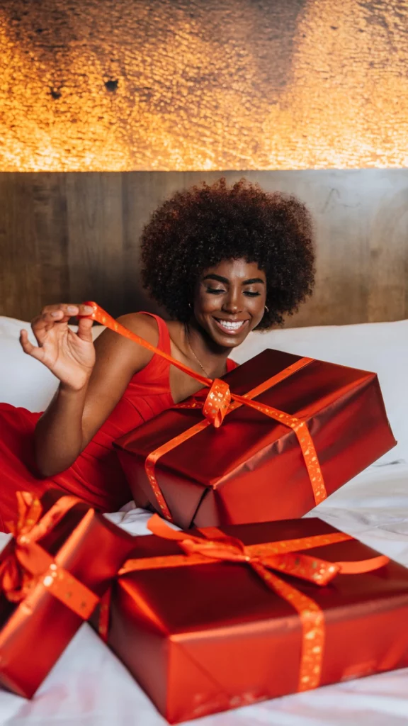 A woman unpacks a gift